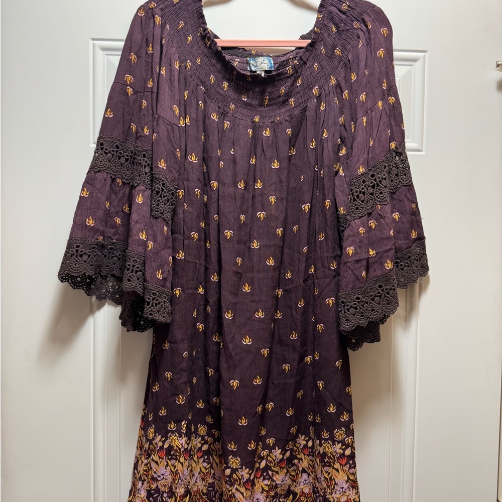 Purple and Gold Ruffled Tiered Boho Dress with Bell Sleeves